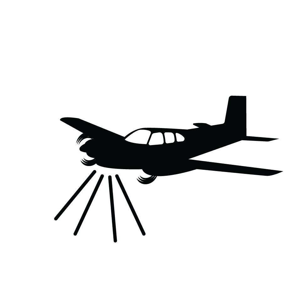 Icon of an airplane with four lines shooting downwards